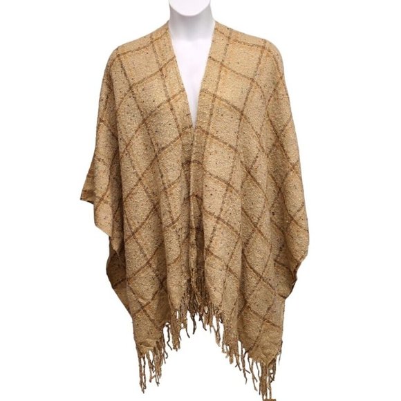 Modena Wrap Womens One Size Tan Window Pane Check  Fringed Poncho Ruana - Picture 7 of 7